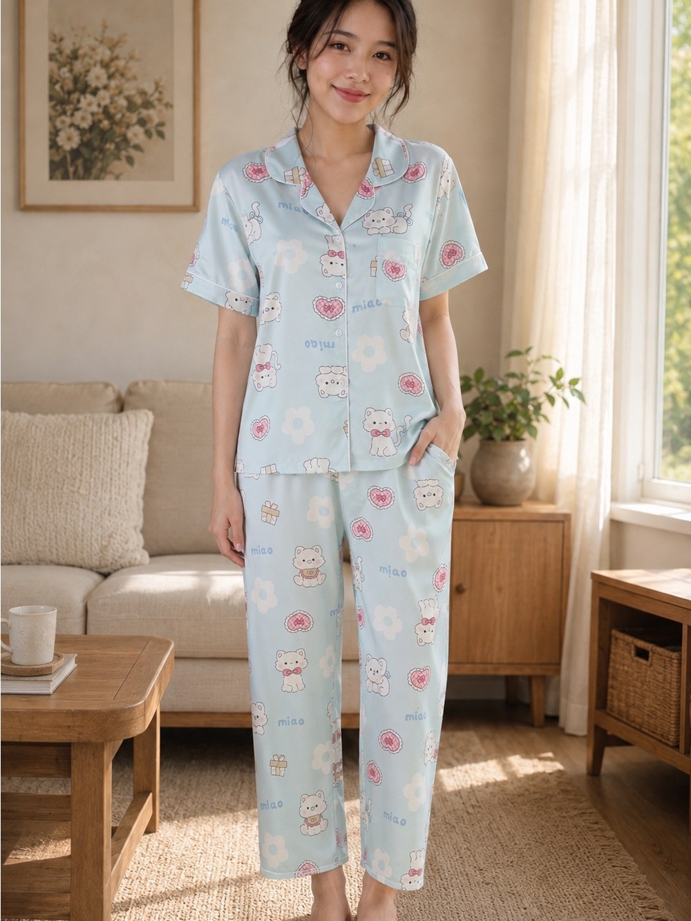 Light Blue Cute Bear Print Cotton Pajama Set for Women